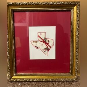 Vintage Framed Texas Fabric Art in Red and Gold